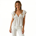 Women's Summer Tiered Cap Sleeve Crop Tops Dot Print V-Neck Cute Back Bow Babydoll Tee