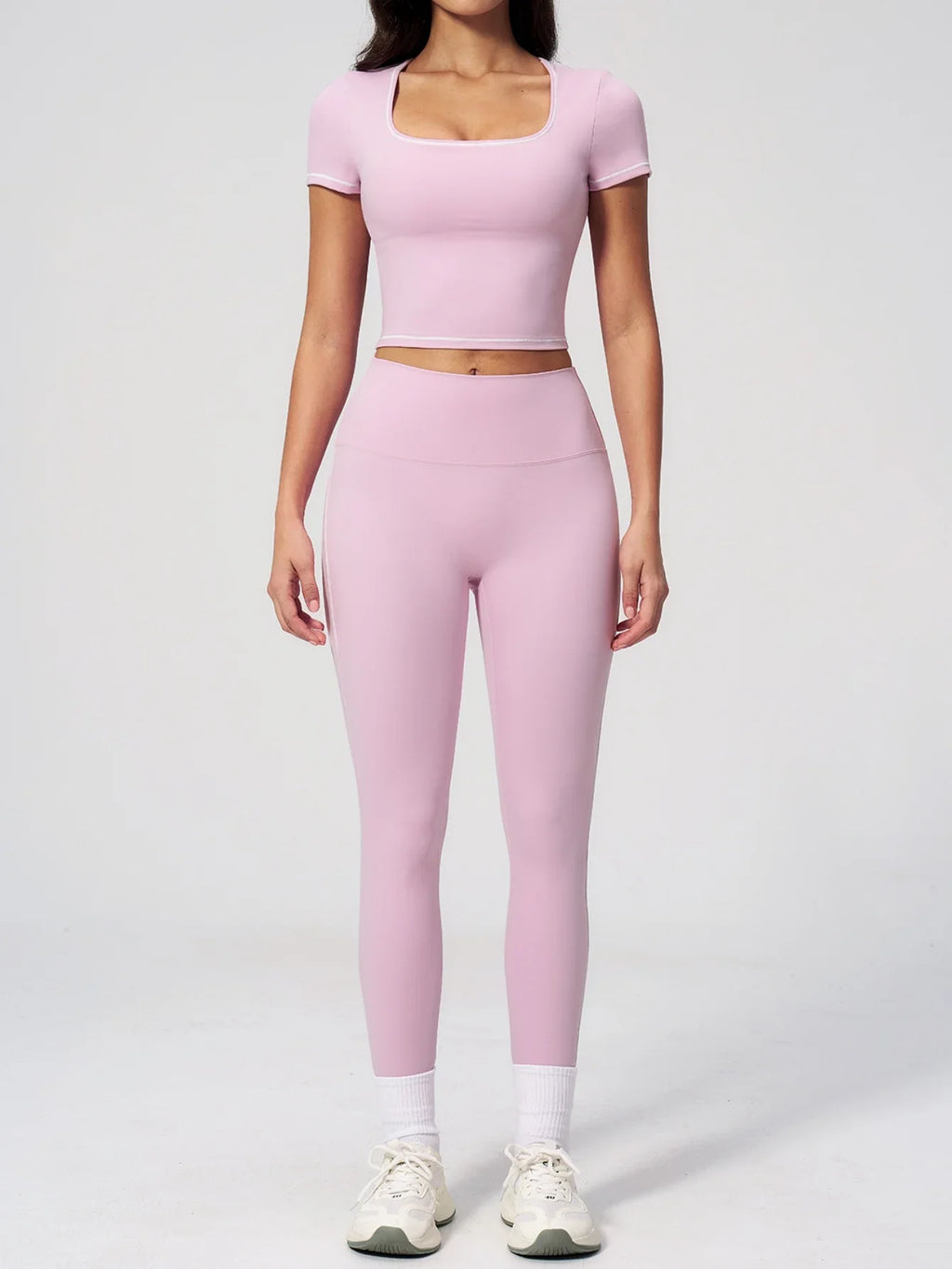 2PC Color Contrast Yoga Suit Women Short Sleeve Square Collar Slim Sports Top Fitness Suits Outdoor Exercise Leggings Tracksuit