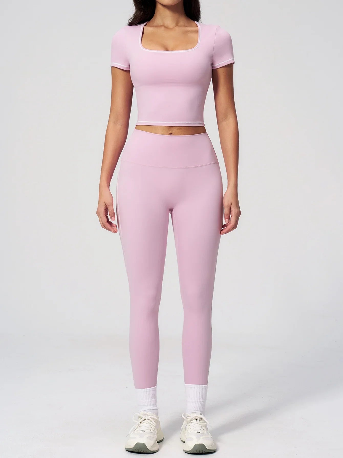 2PC Color Contrast Yoga Suit Women Short Sleeve Square Collar Slim Sports Top Fitness Suits Outdoor Exercise Leggings Tracksuit