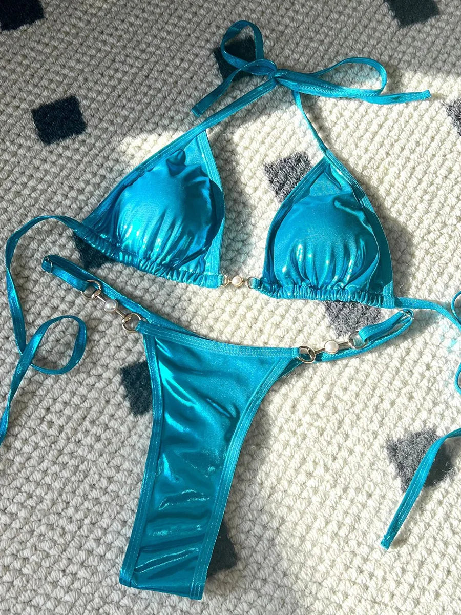 PU Leather Pearls Bikini Mini Micro Thong Bikinis Women Swimwear Female Swimsuit Two-piece Bikini Set Halter Bathing Suit Swim