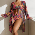 Sexy High Waisted Bikini 3 Pieces Floral Printed Swimsuit Size 3XL-S Women Bikini Set With Mesh Long-Sleeved Blouse Super Sales