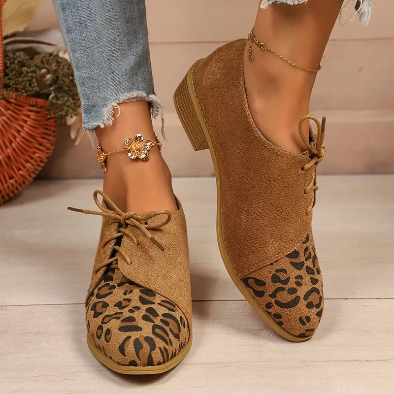 Large Size Leopard Print Single Shoes Women 2026 New Pointed Toe Lace Up Low Heel Shoes Woman Retro Faux Suede Pumps Ladies