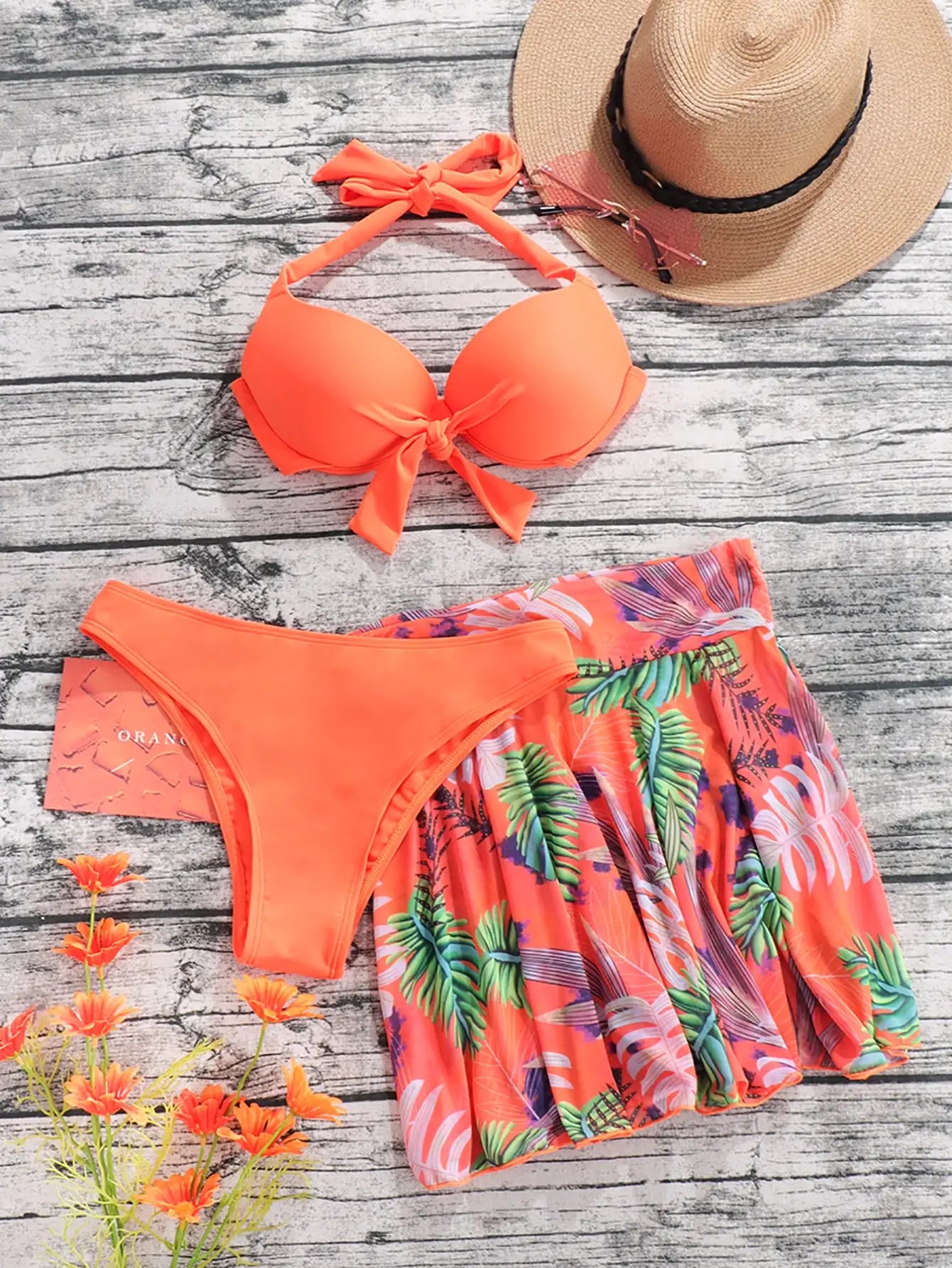 3 Piece Tropical Bikini Halter Push Up Swimsuit & Beach Shirt Swimwear Women 2026 Bathers Bathing Swimming Suit Female Beachwear