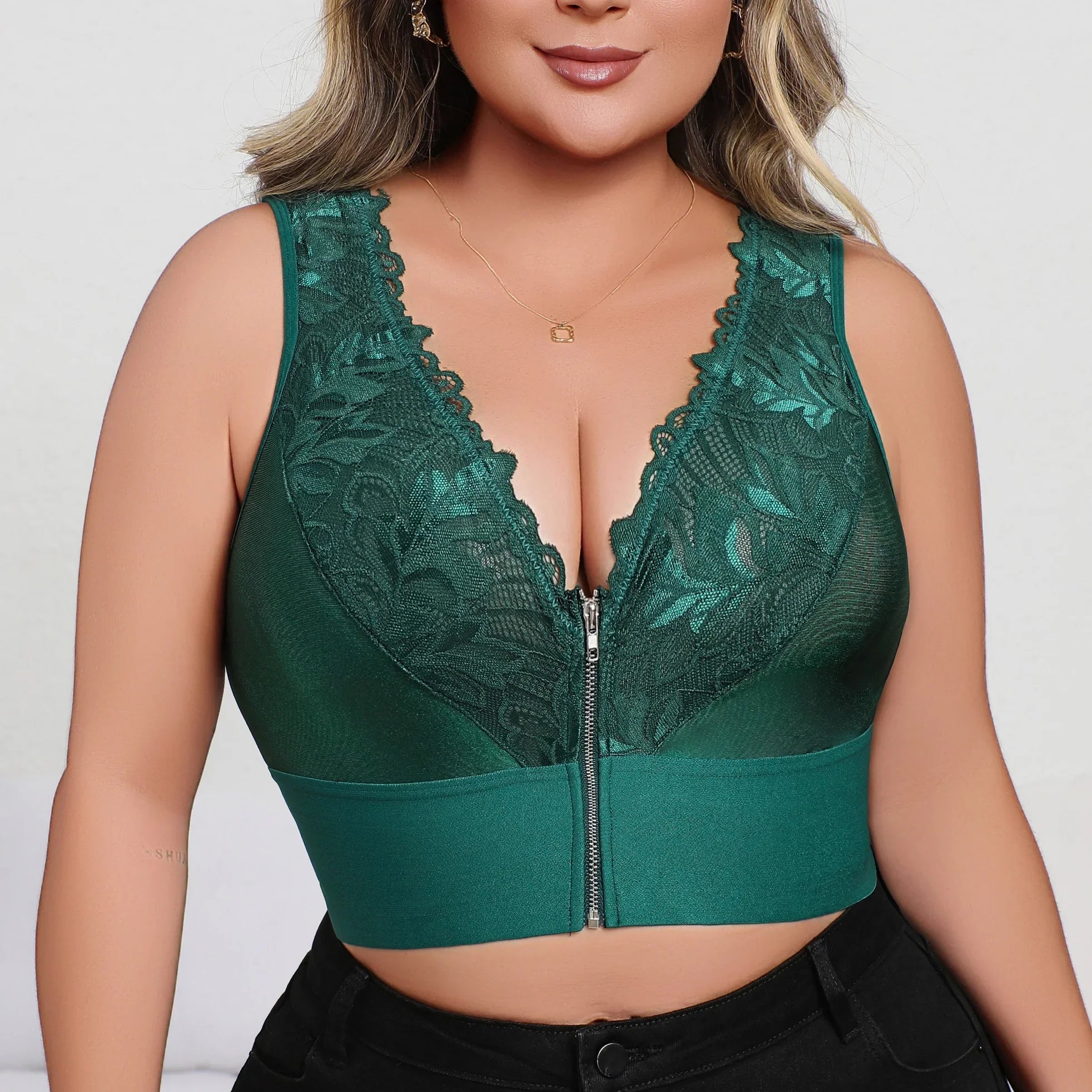 New Arrival Plus Size Dark Green Sexy Embroidered Lingerie, Plunge Push-up Bra with Front Zip