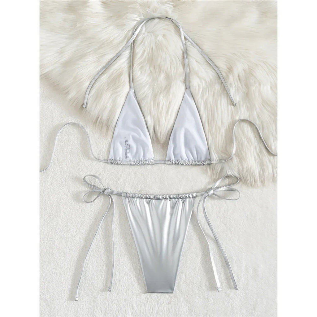 3 Colors New PU Faux Leather Halter Bikini Women Swimwear Female Swimsuit Bather Bathing Suit Swim Two-Pieces Bikini Set V6492B