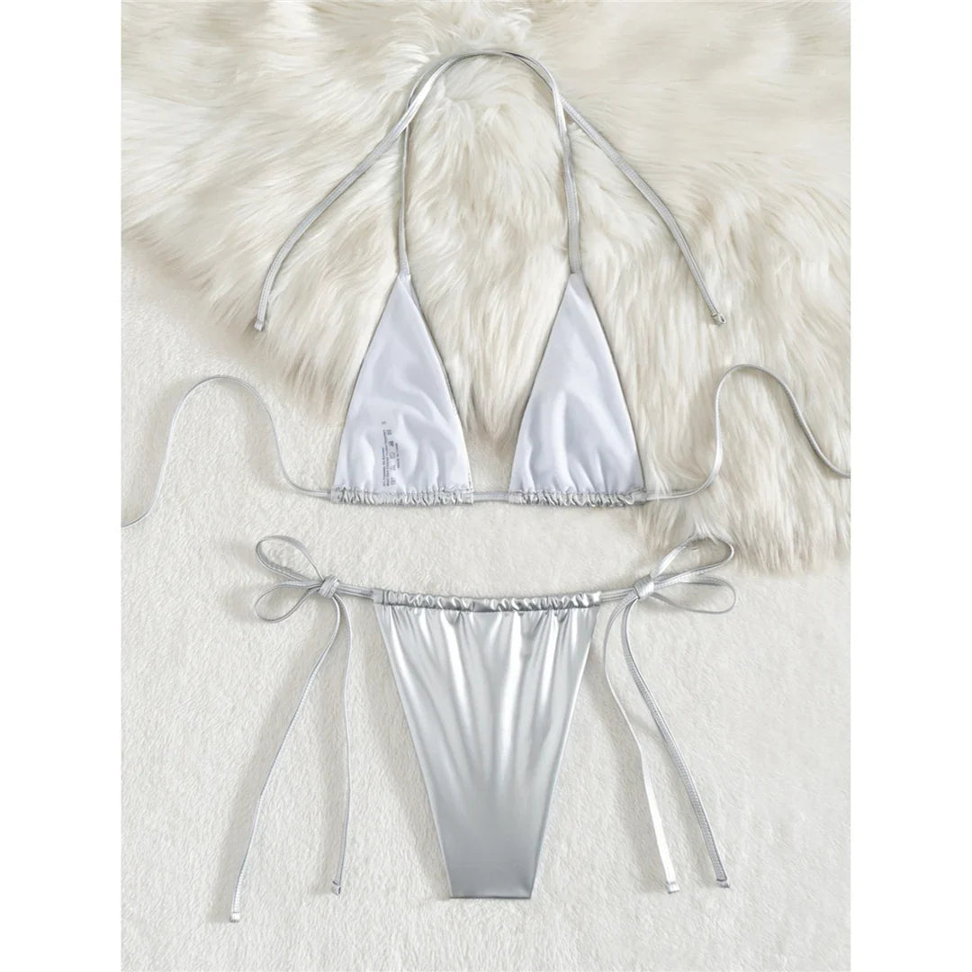 3 Colors New PU Faux Leather Halter Bikini Women Swimwear Female Swimsuit Bather Bathing Suit Swim Two-Pieces Bikini Set V6492B
