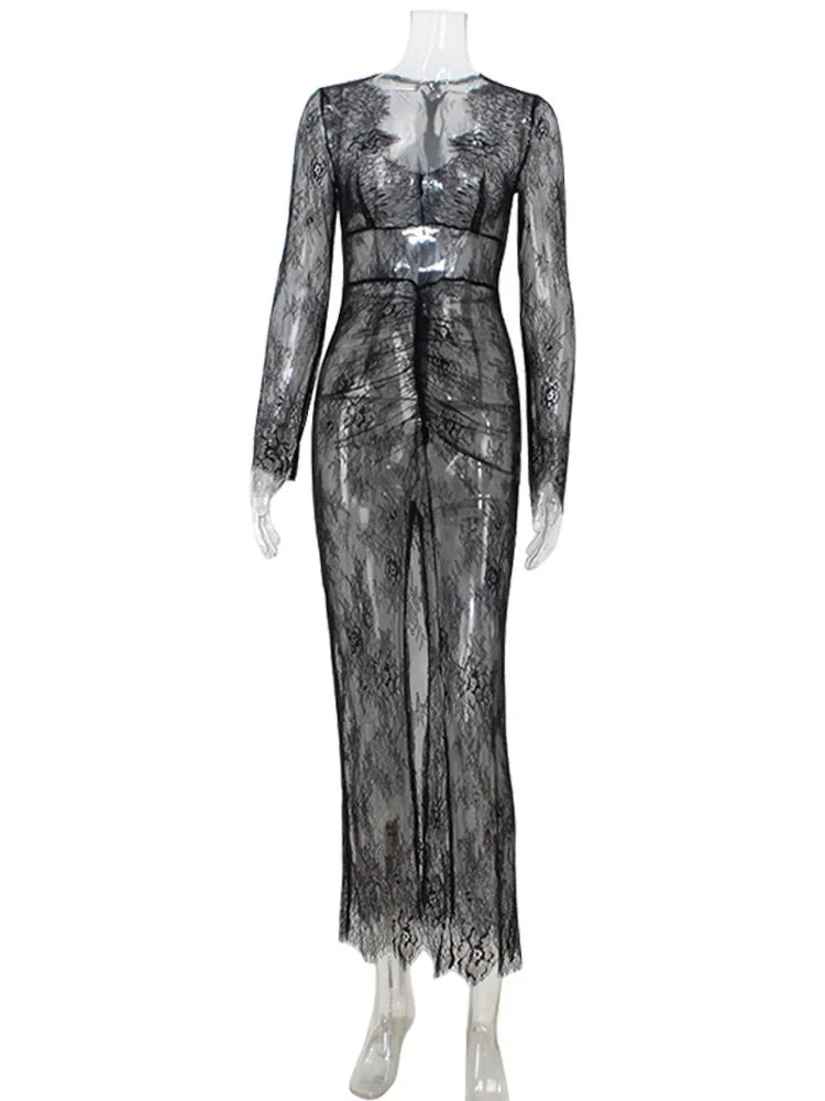 Ahagaga Sexy Club Dresses For Women Lace Solid Sheath Rehular Long Sleeves V-Neck Sheer Slim Fit Maxi Bodycon Female Vestidos
