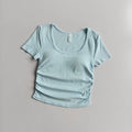 Big round Neck Yoga T-Shirt Short-Sleeved Slimming Sports Top with Fixed Chest Cushion for Running Pilates Summer Stretch