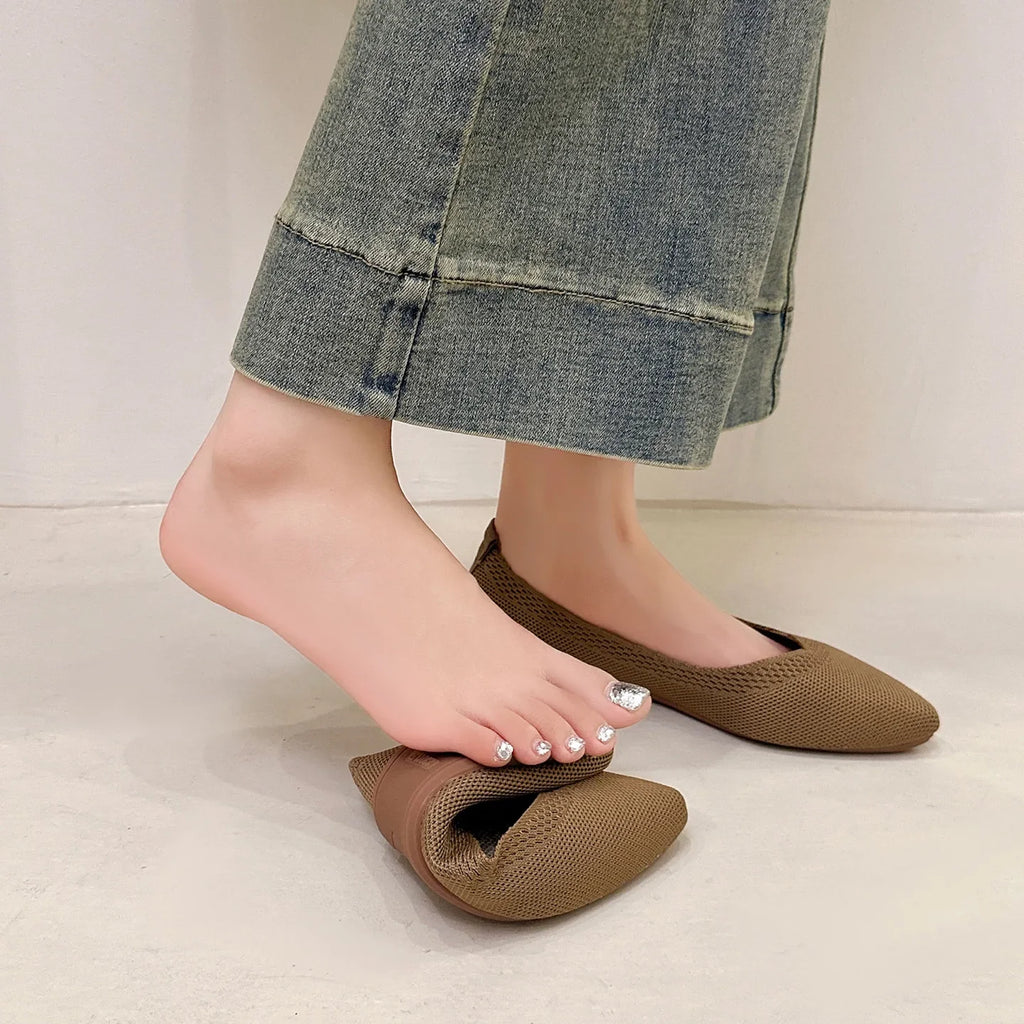 2025 Women Pointed Toe Flats Breathable Fabric Spring Summer Flat Shoes Soft Sole Slip-on Girls Daily Walking Driving Loafers