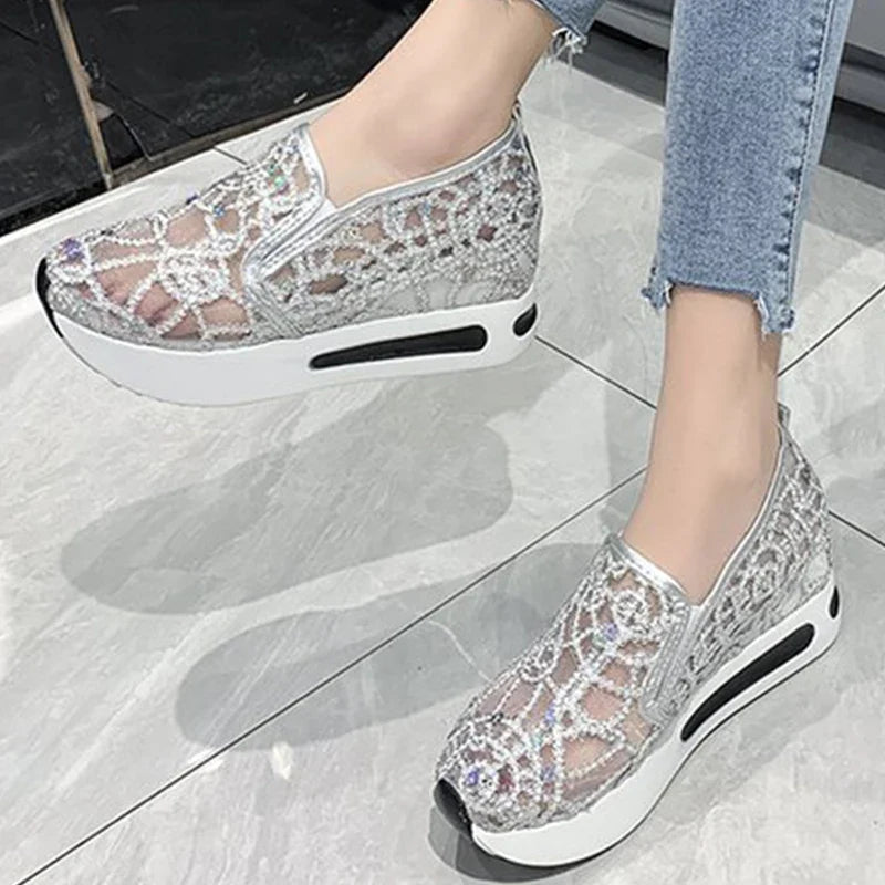 Spring Autumn Luxury Crystal Sneakers Women Breathable Mesh Sports Shoes for Woman Retro Low Top Platform Vulcanize Shoes Lady