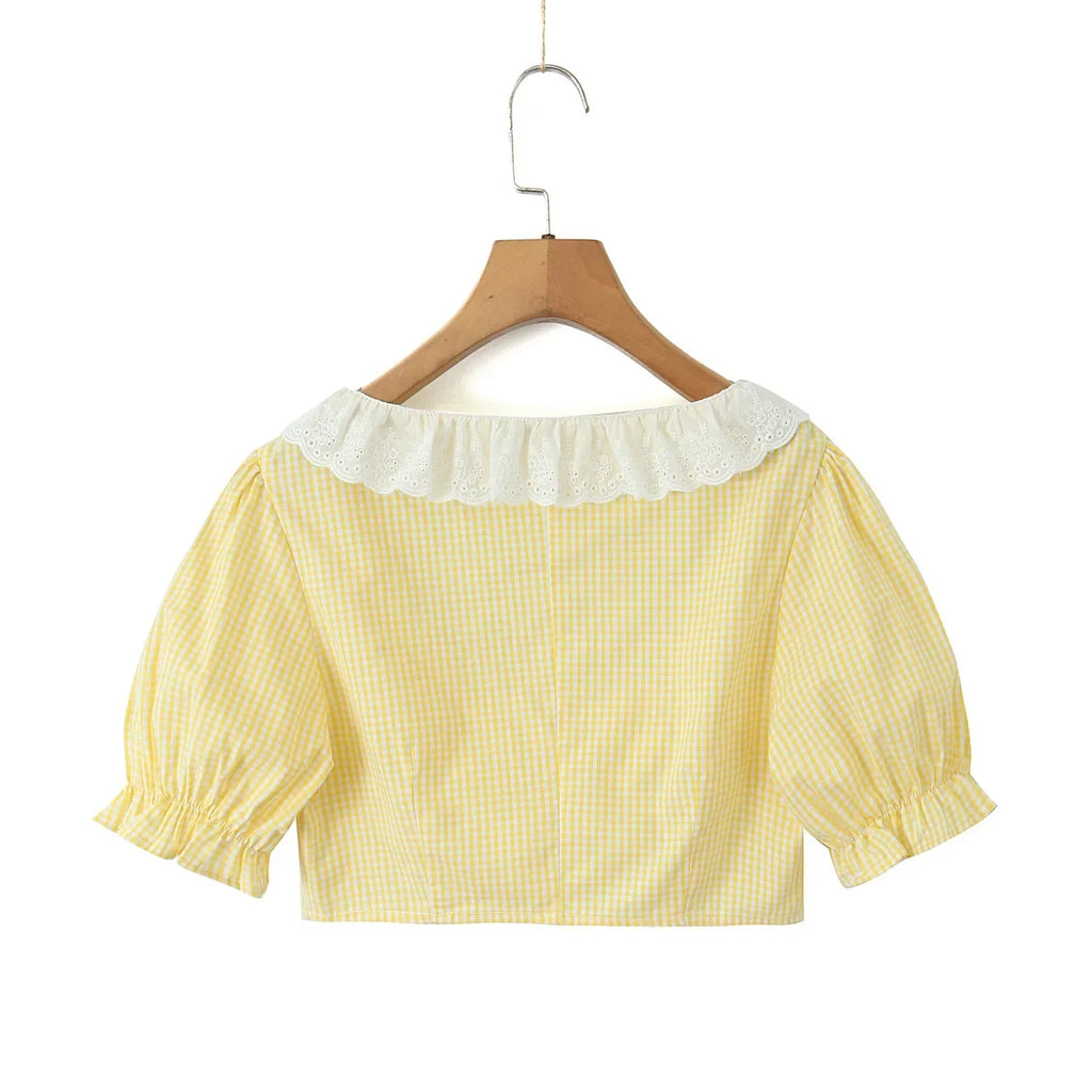 Foridol Gingham Printed Yellow Women Summer Dress Set Lace Top+skirt Sets Vintage French Style Midi Dress Oufits Plaid Vestidos