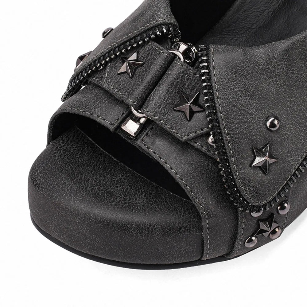 Brand New Women's Y2K Star Rivet Platform Sandals 2000's Peep Toe Slingback Chunky Heel Distressed Denim High Heeled Shoes