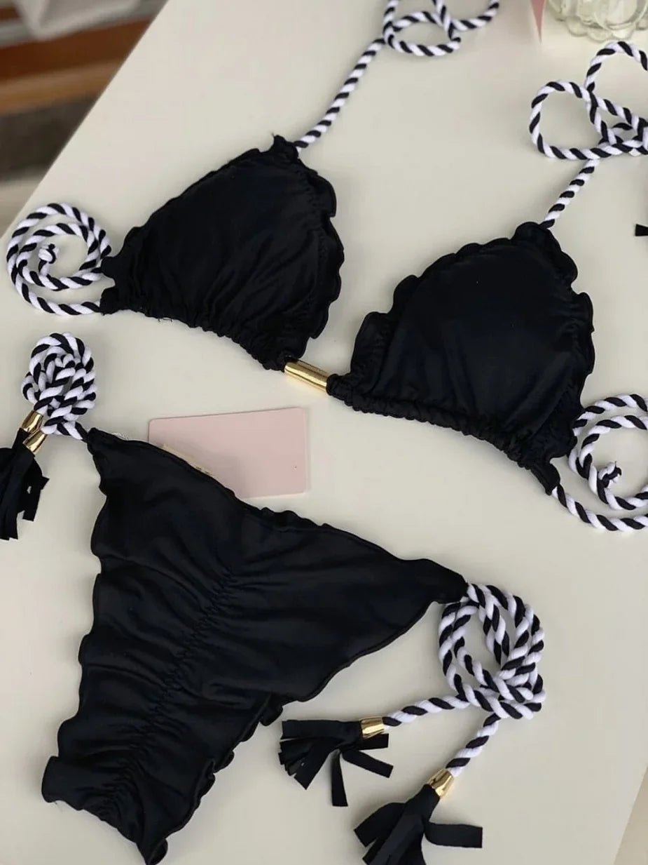 2026 New Solid Color Swimsuit Split 2-piece Bikini Set Beach Woven Rope Hanging Neck Swimsuit