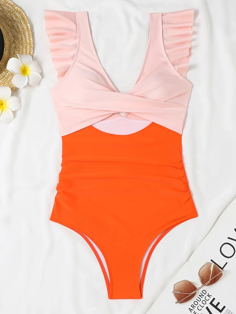 2026 Hollow Out Cross Ztvitality Swimsuit One Piece Solid Ruffle Swimwear Women Bathing Swimming Swim Suit Female Beach Wear
