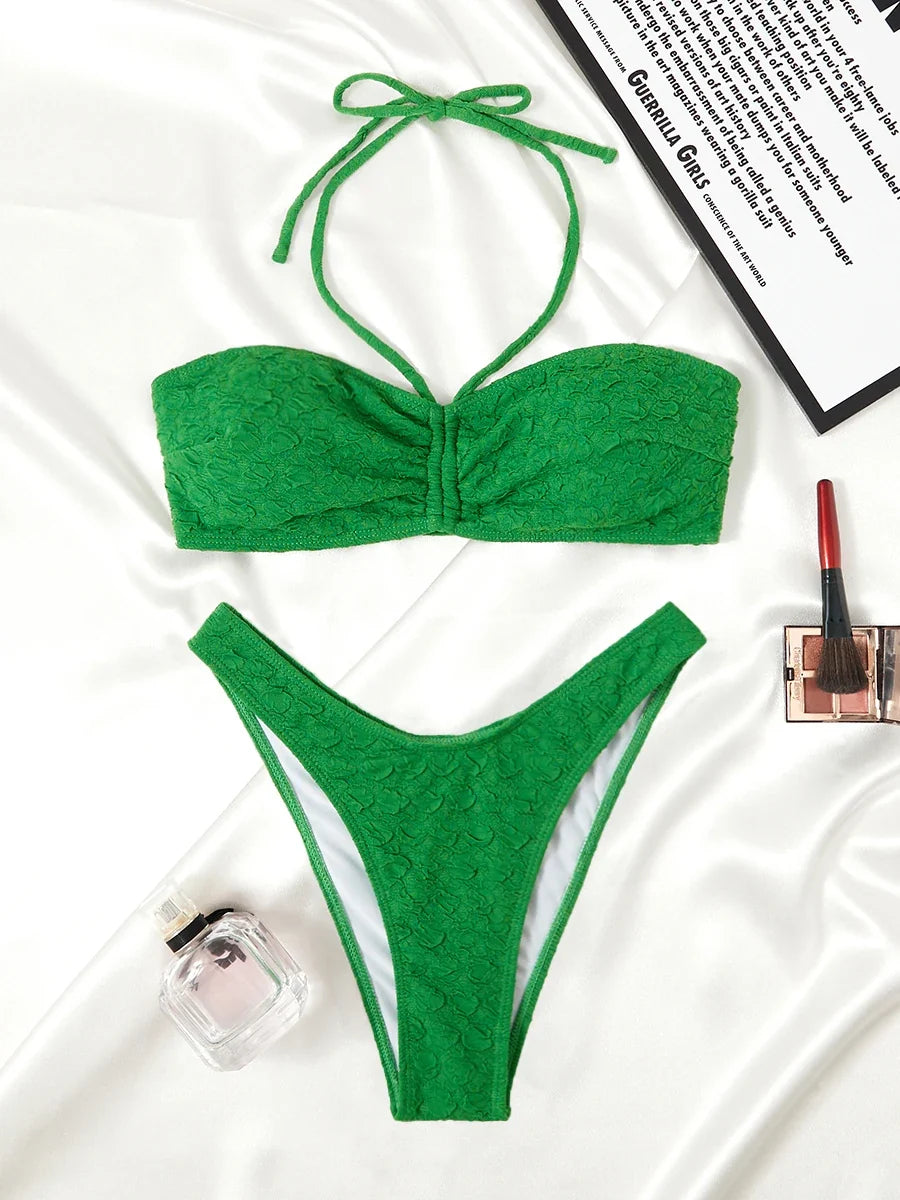 2025 Halter Bandeau Bikini Solid Swimwear Female Sexy Swimsuit Women Bathers Bathing Swimming Swim Suit Beachwear