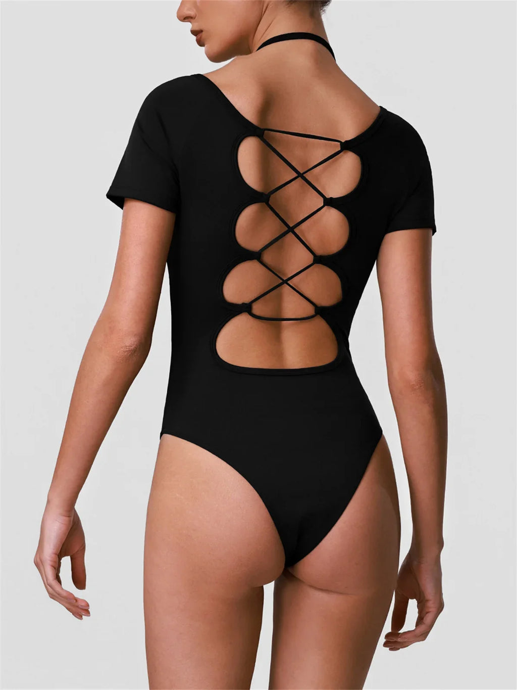 Summer Women's Cross Hollow Back Yoga Jumpsuit Short Sleeved Slimming Sports Overalls High Stretch Push Up Fitness Bodysuit