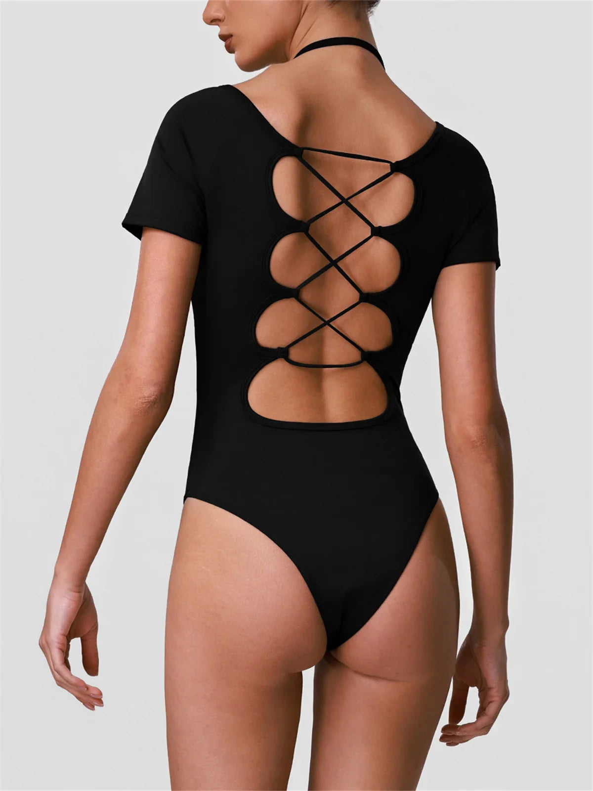 Summer Women's Cross Hollow Back Yoga Jumpsuit Short Sleeved Slimming Sports Overalls High Stretch Push Up Fitness Bodysuit