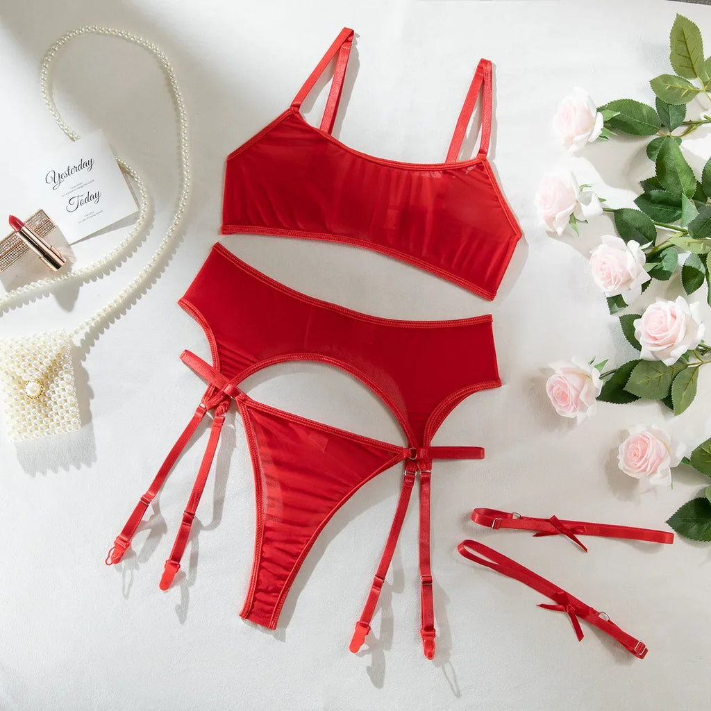 Women Transparent Bra Set Hot Erotic Sexy Costumes Solid Color Underwear Seamless Bra Thong Garters Sexy Lingerie Sets