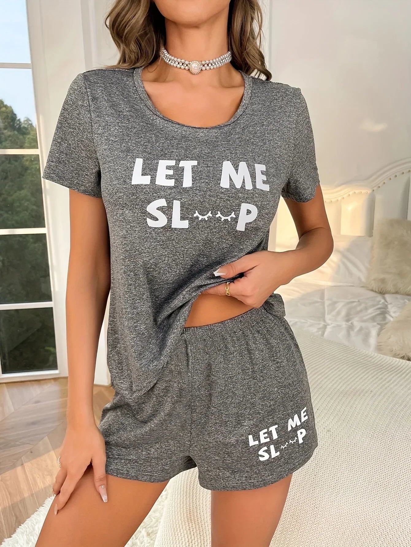 Women Summer Casual 2 Pieces Pajama Sets Gray Letter Print Short Sleeve Top and Shorts Set Loungewear Sleepwear