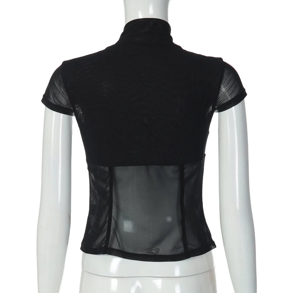 Women Sexy Hollow Out Mesh T-shirts 2026 Summer Bandage Short Sleeve Black Corset Girls Slim Crop Tops T Shirt Party Streetwear