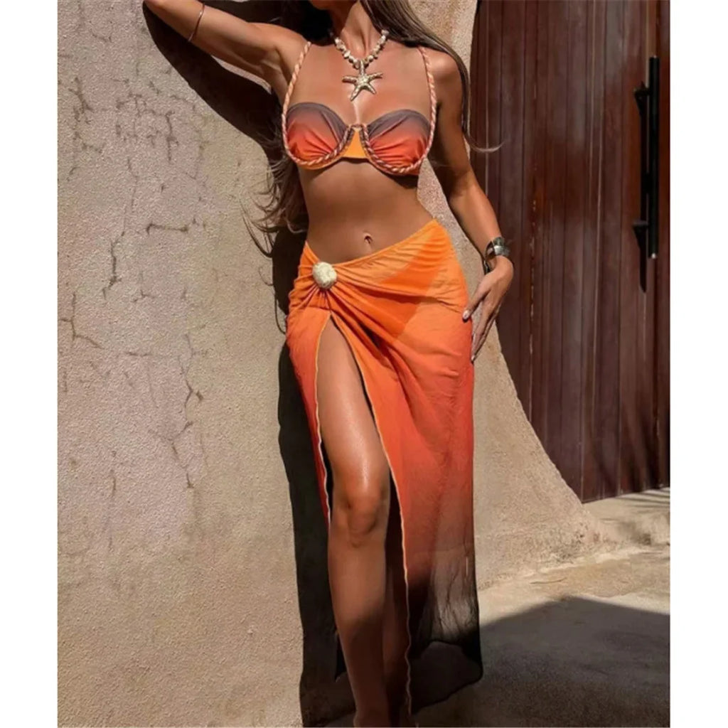 S - XL 3PCS With Skirt Underwired Bikini Female Swimsuit Women Swimwear Bather Bathing Suit Swim Three-pieces Bikini set K8080
