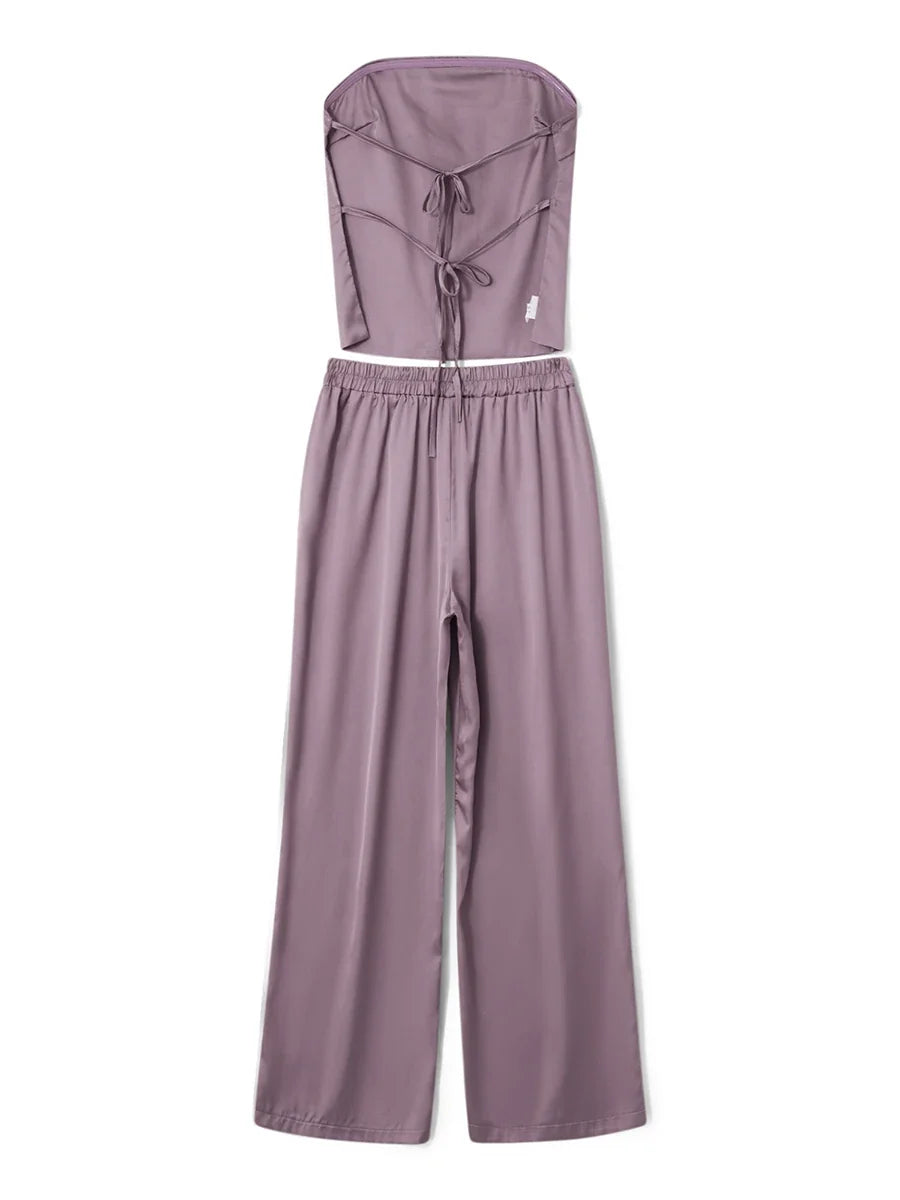 Women 2 Piece Pant Outfits Bandage Backless Bandeau Tops and Elastic Wide Leg Pants Set Streetwear Aesthetic Summer Clothes