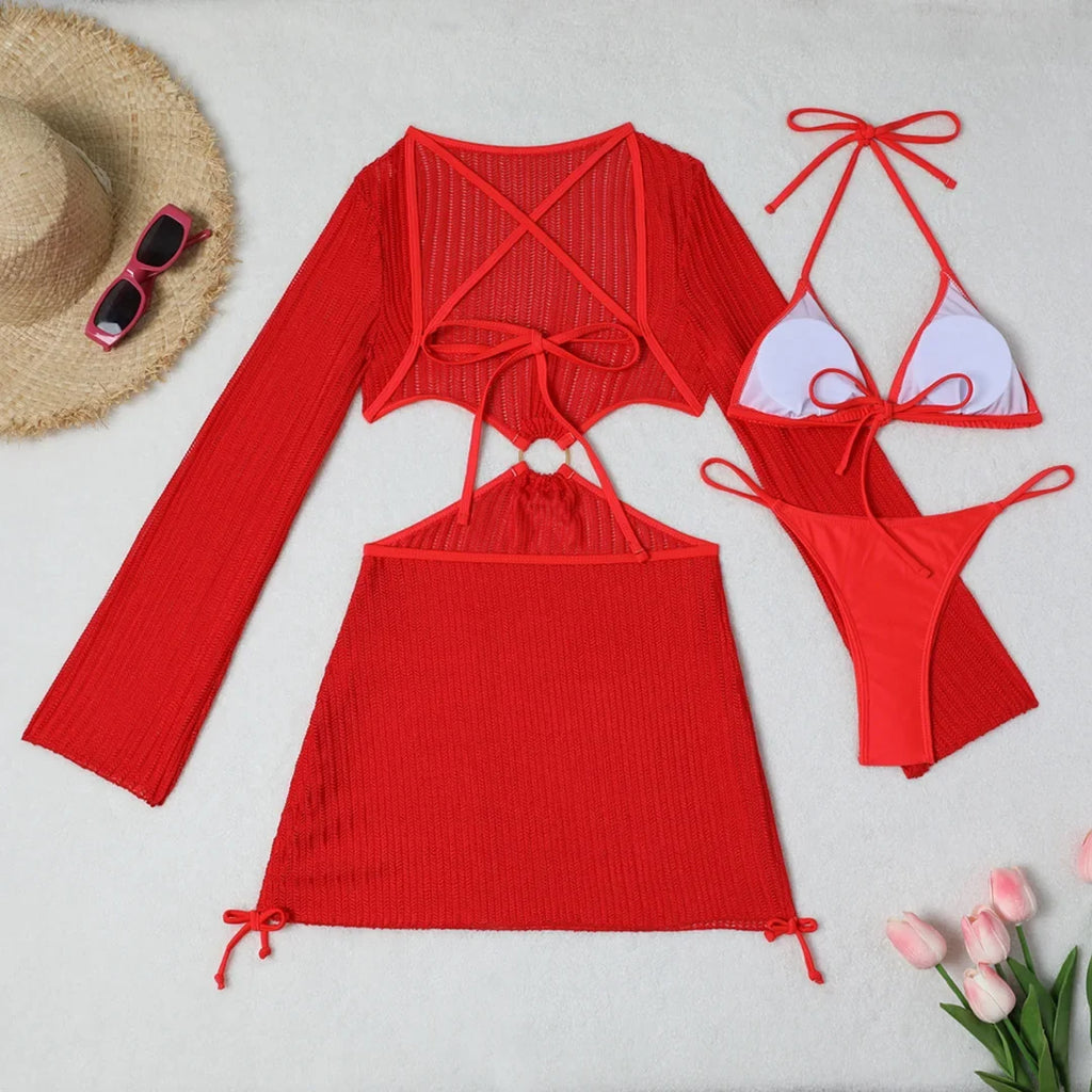 With Long Sleeve Cover Up Halter Bikini Women Swimwear Female Swimsuit Three-pieces Bikini set Bather Bathing Suit Swim V5123