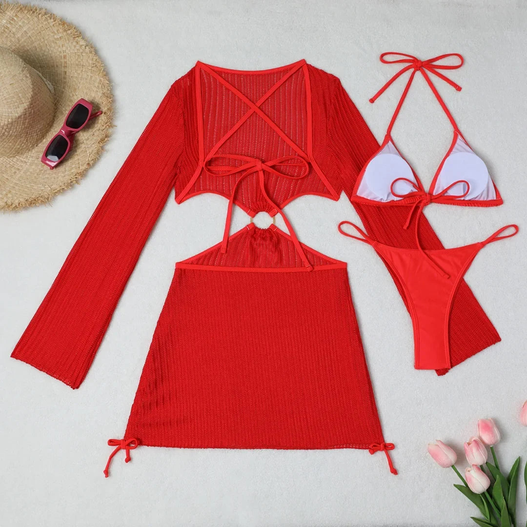 With Long Sleeve Cover Up Halter Bikini Women Swimwear Female Swimsuit Three-pieces Bikini set Bather Bathing Suit Swim V5123