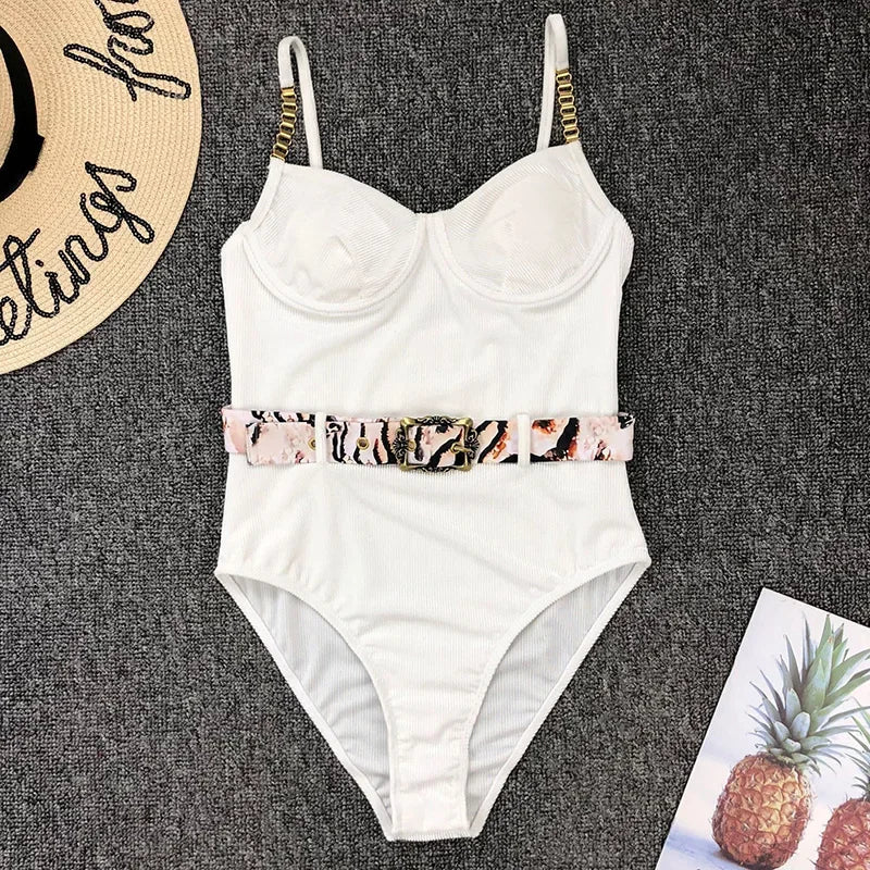 Ribbed Push up Underwired Metal Chain Women Swimwear One Piece Swimsuit Female Waist Belt Monokini Bather Bathing Suit Swim Lady