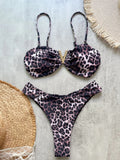 Sexy women's triangle leopard print bikini 2-piece set metal V decoration summer beach split swimsuit
