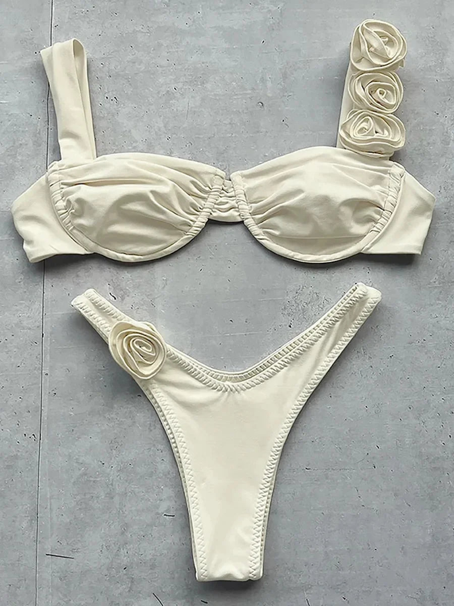 Sexy 3D Flowers Underwired Brazilian Bikini Women Swimwear Female Swimsuit Two-pieces Bikini Set Triangle Bathing Suit Swim Lady