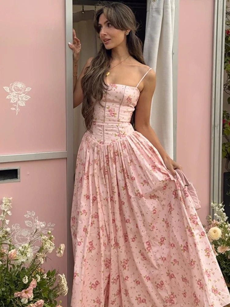 FDYOUI 2026 Summer Floral Print Spaghetti Strap Dress for Woman Elegant Sleeveless High Waist Long Party Evening Dresses Pink