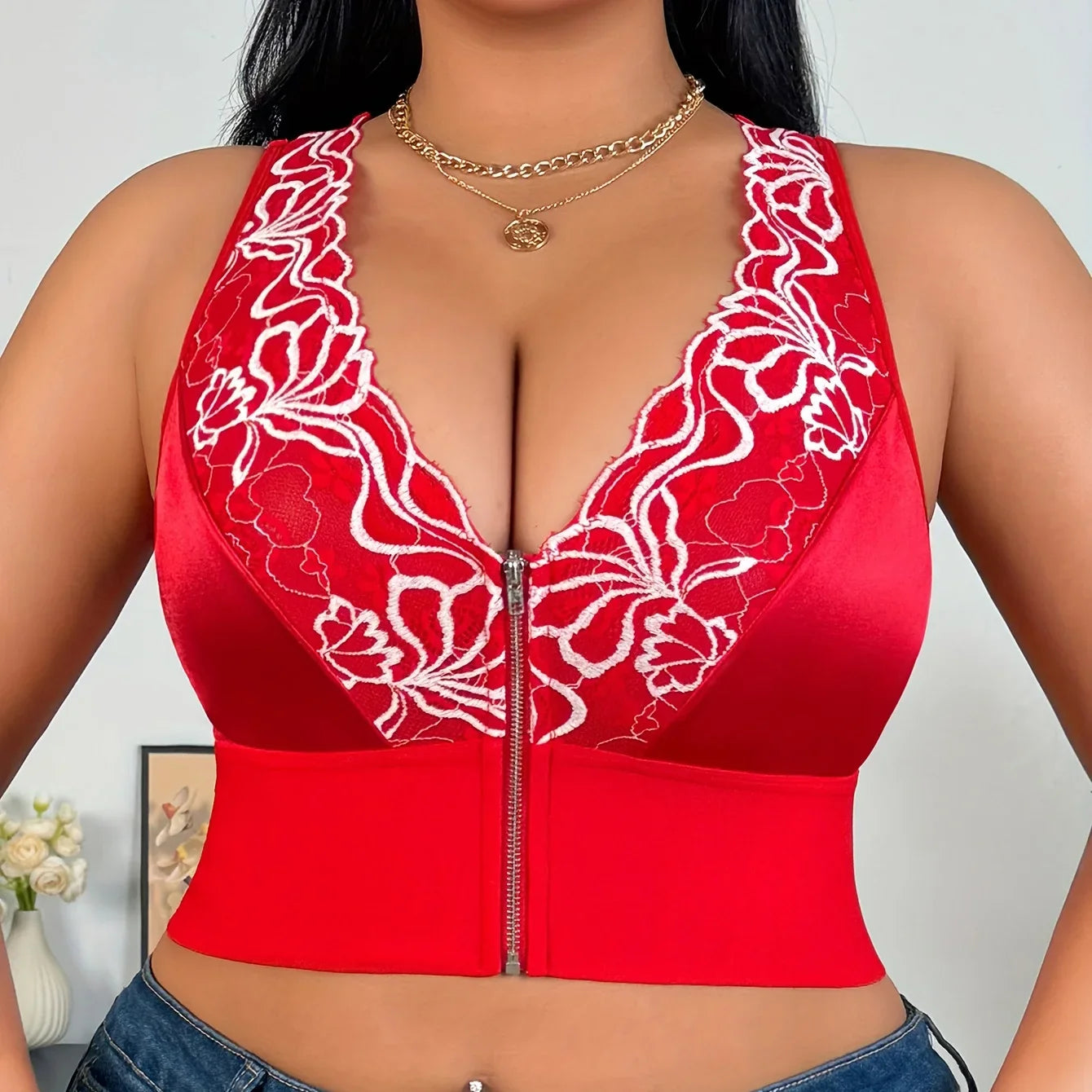 Plus Size Sexy Lingerie Set, Embroidered Front Zipper Plunge Bra, Wireless Push-up Support Bra