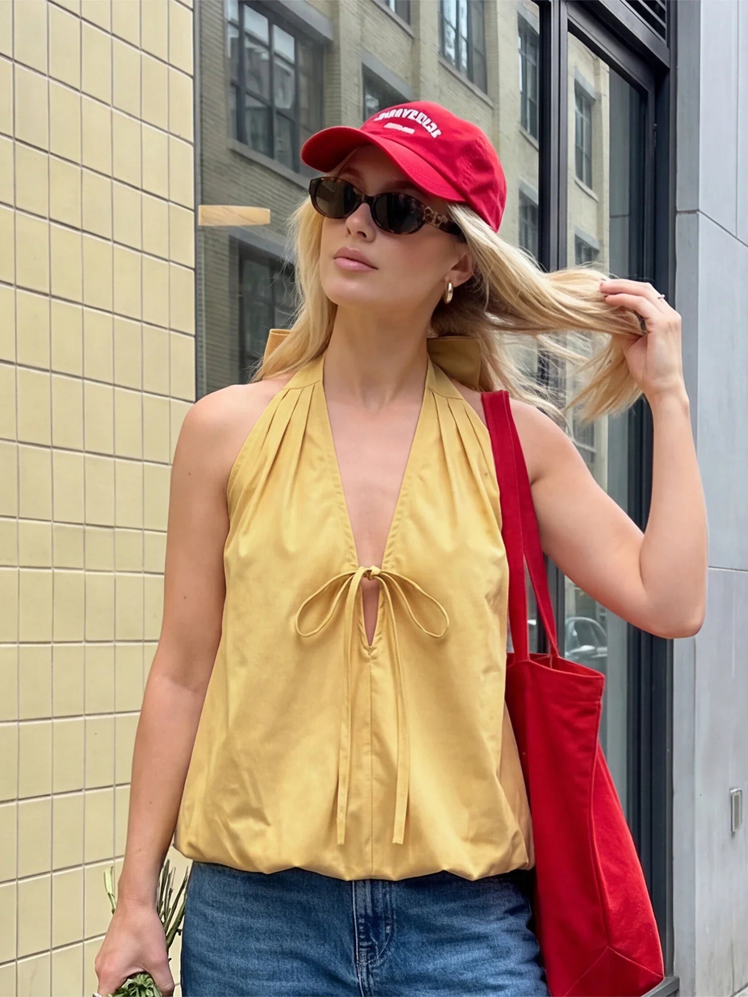 Women Fashionable Solid Color Summer Halter Tops Deep V Neck Sleeveless Backless Bubble Hem Vest