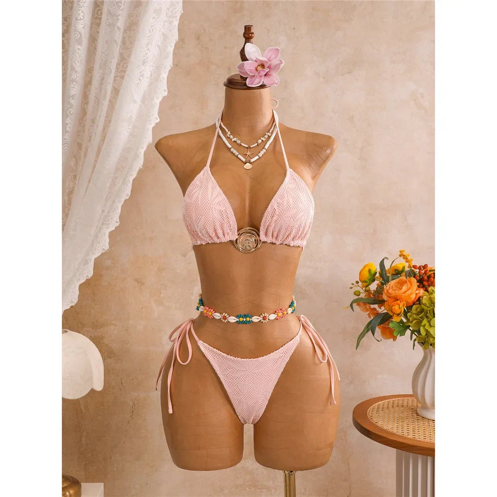 New Leaves Printed Halter Bikini Suit Female Swimsuit Women Swimwear Bather Bathing Suit Swim Three-Pieces Bikini Set