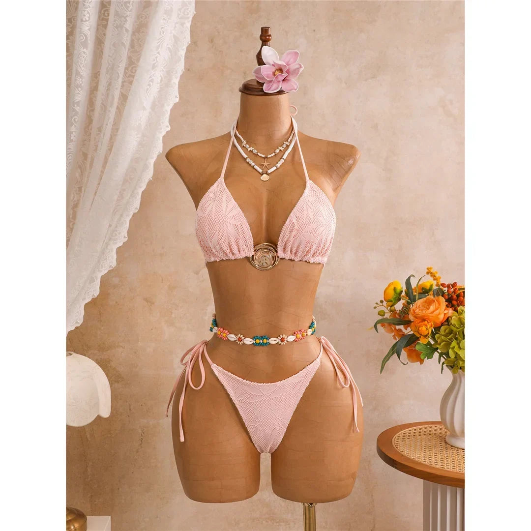 New Leaves Printed Halter Bikini Suit Female Swimsuit Women Swimwear Bather Bathing Suit Swim Three-Pieces Bikini Set