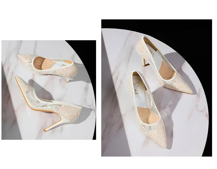 NASBAVI Sexy Lace High Heels Net Gauze Thin Heel Pointed Toe Slimming Nightclub Style Low Heel Single Shoes 41 42 43