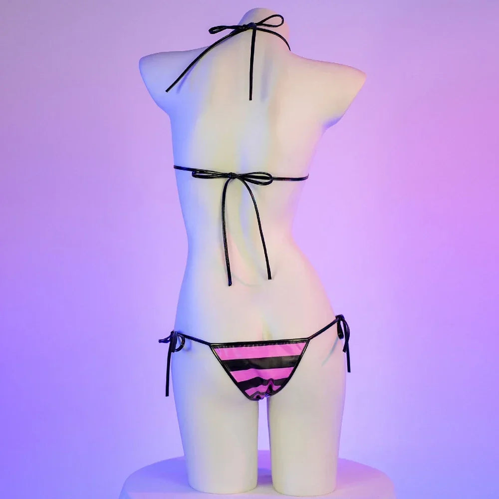Summer PU Leather Micro Bra Bikini Set Swimsuit Stripes Bright Anime Swimwear Women Erotic Underwear Sexy Lingerie Costume