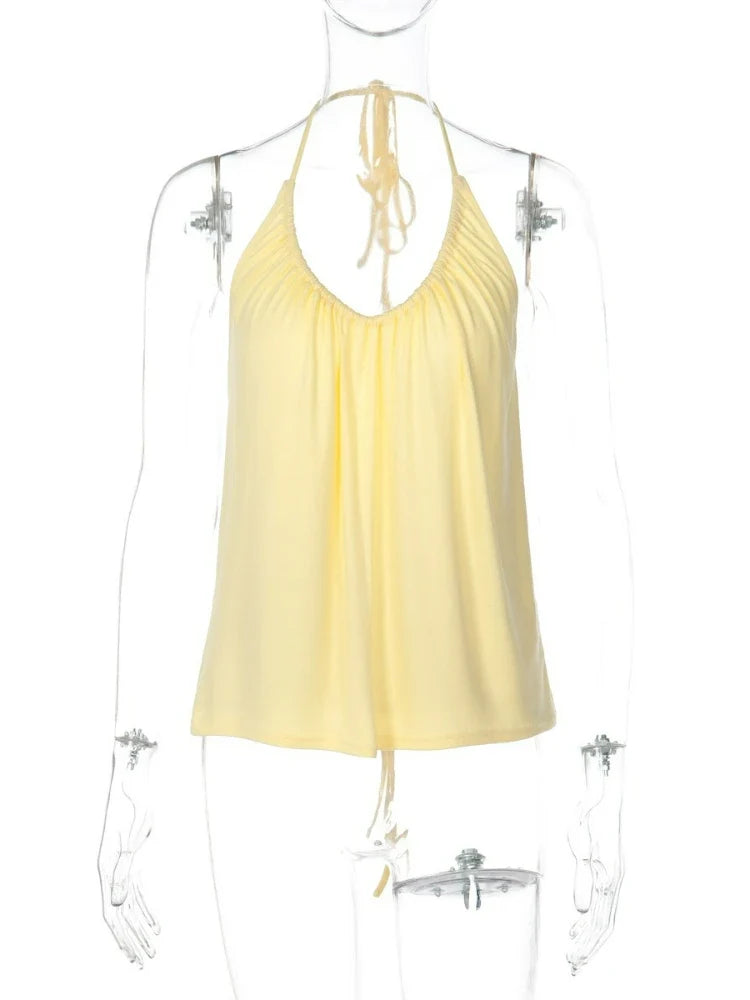 FDYOUI Woman Clothing Halter Neck Backless Camisoles Streetwear 2026 Summer Girls Sexy Lace-up Off Shoulder Yellow Tank Tops