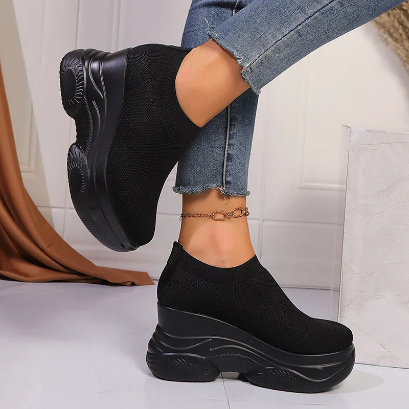 Black White Chunky Platform Knitted Sneakers Women Slip On Thick Bottom Vulcanizd Shoes Woman Breathable Mesh Walking Shoes