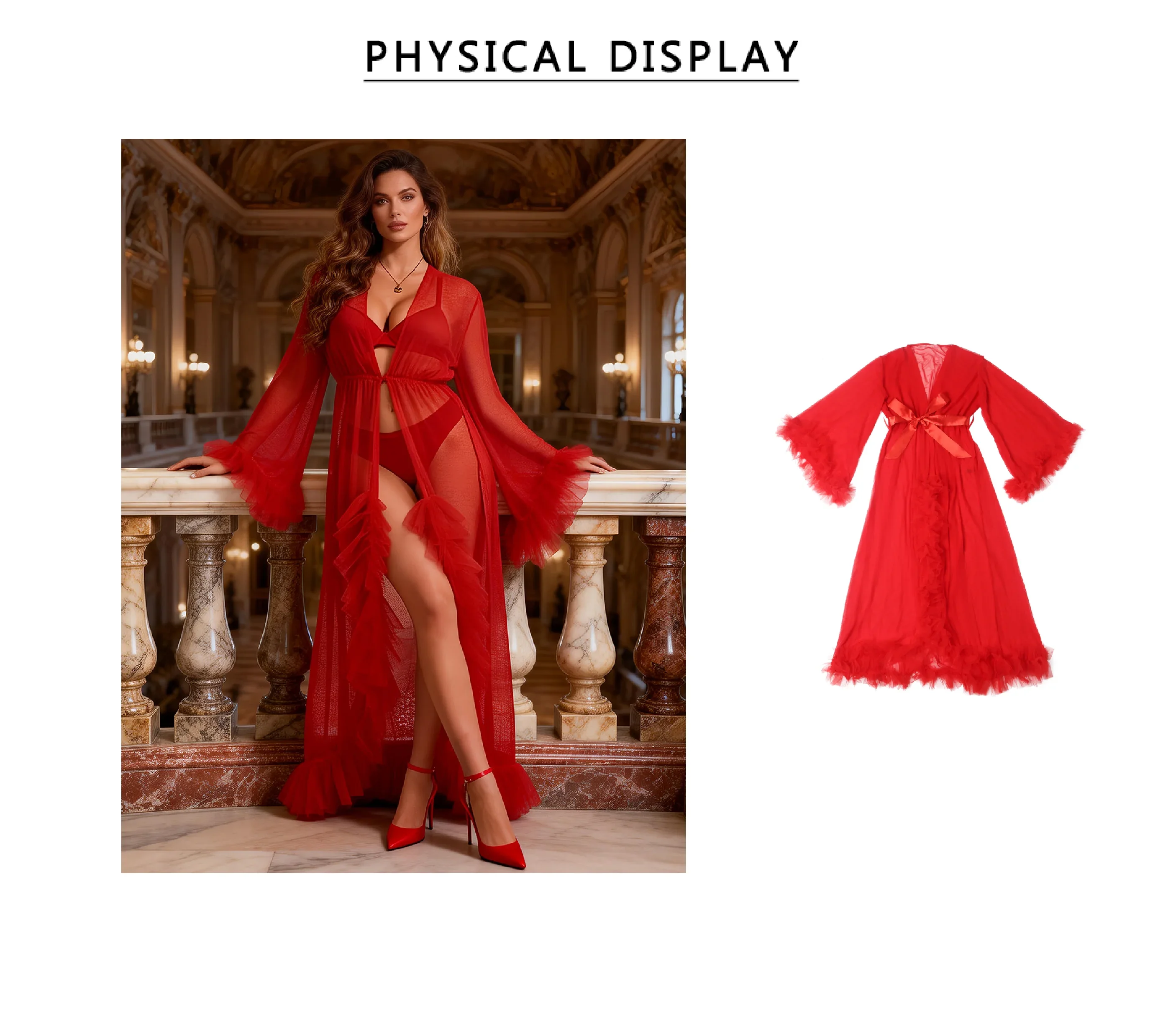 White Mesh Long Robe for Women Sexy See Through Sleepwear Plus Size Ruffled Belted Nightgown Lingerie