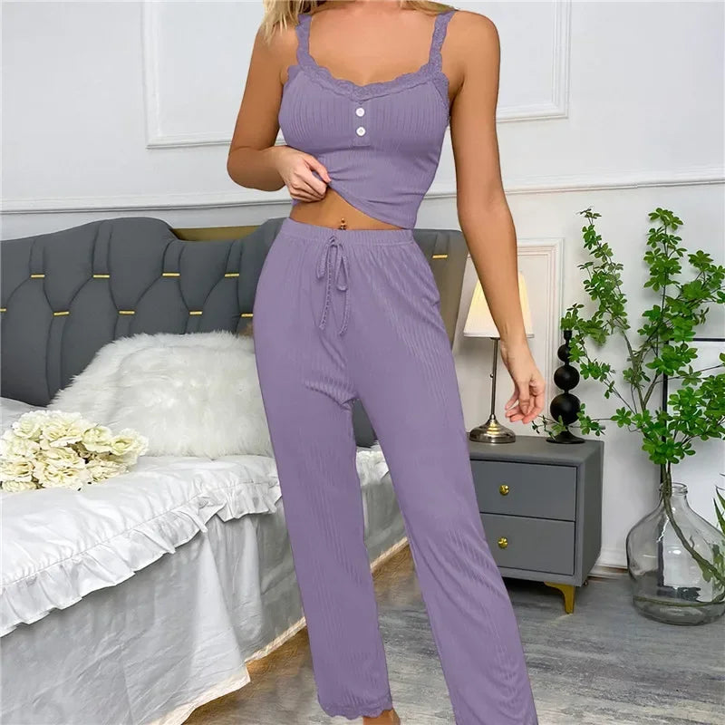 Women Ribbed Pajama Set Lace Trim Camisole Top & Drawstring Pants Sexy Sleepwear Autumn Soft Lounge Homewear