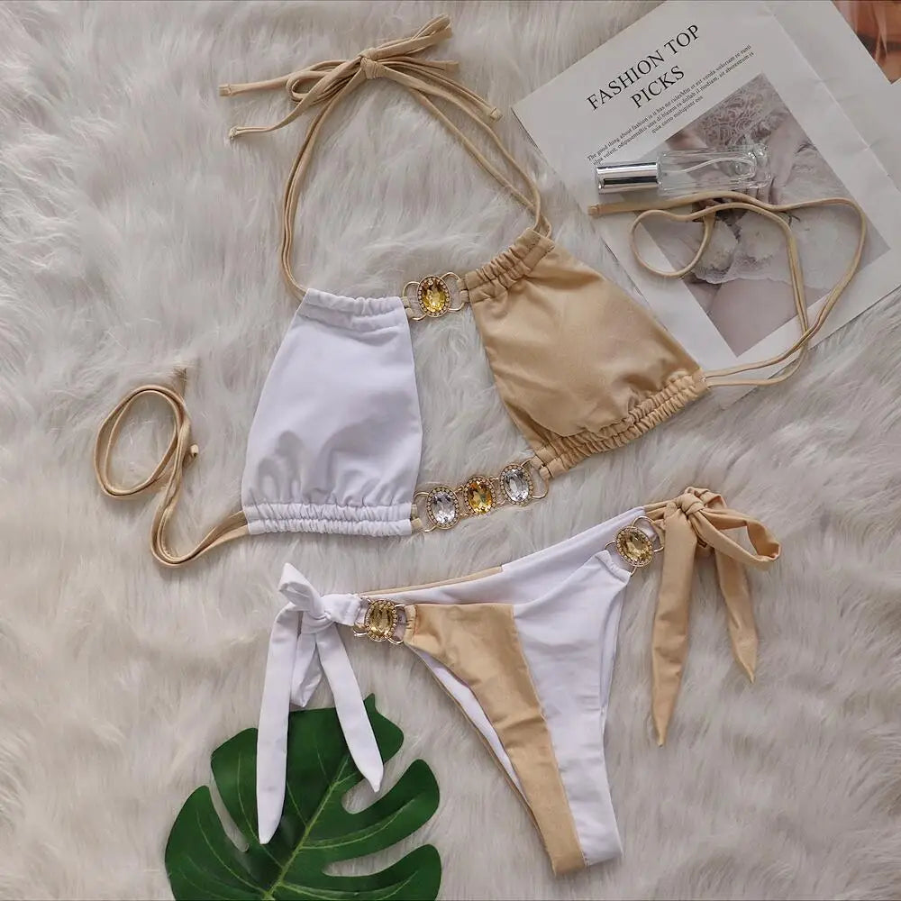 2026 Leopard Rhinestone Jewelled Bikini Women Hollow out Swimsuit female Thong Swimwear Diamond Bikini Set Halter Bathing Suit