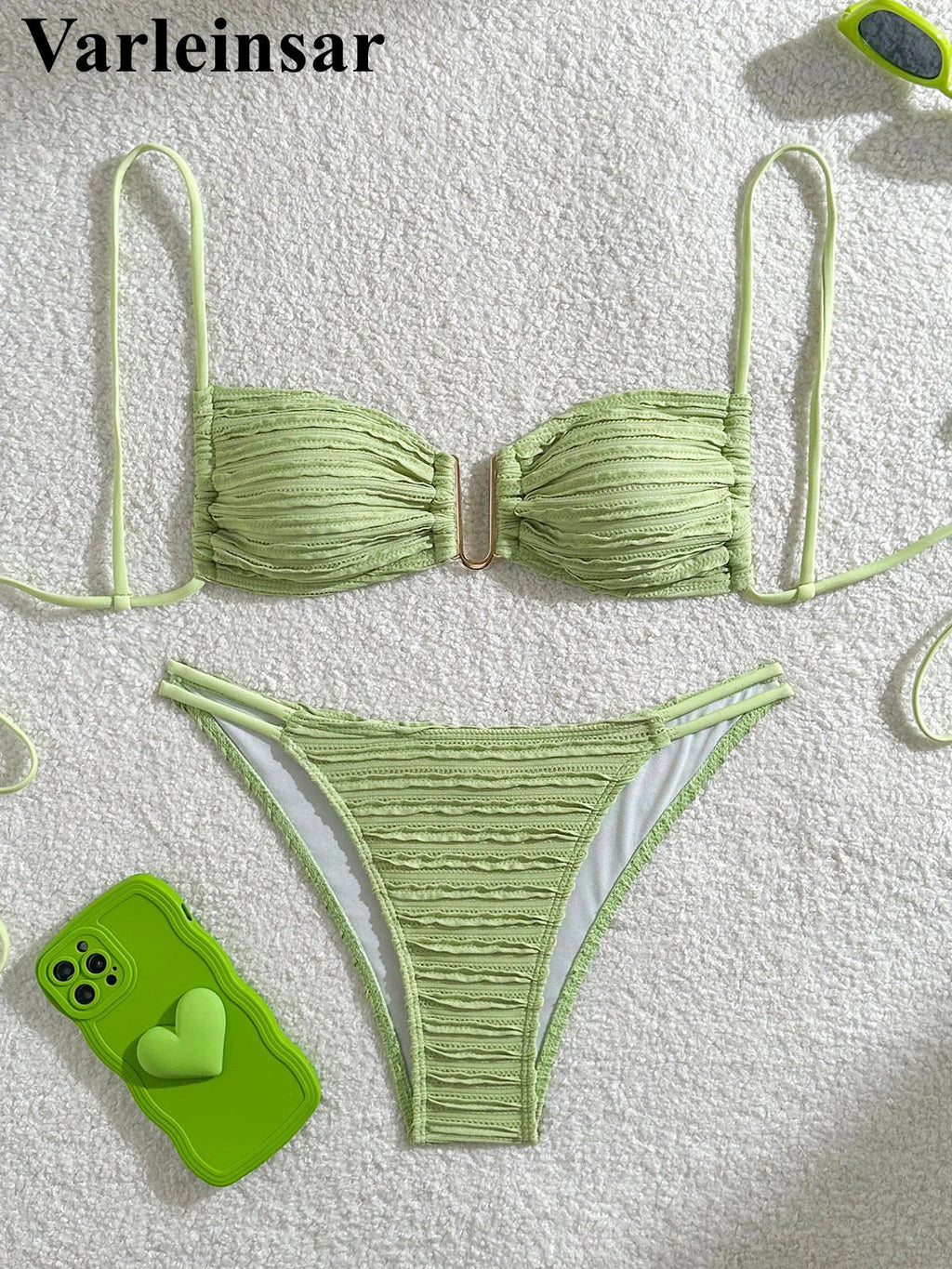 U Neck Wrinkled Crinkled Bikini Women Swimwear Female Swimsuit Two-Pieces Bikini Set High Cut Bather Bathing Suit Swim V5708B