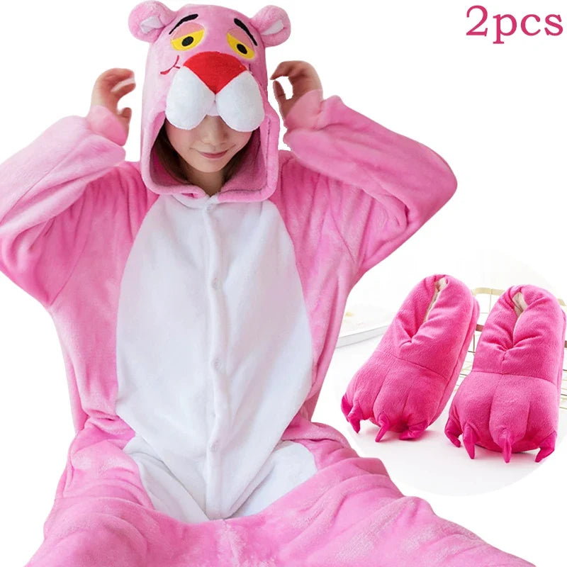 Pink Leopard Kigurumi Unicorn Pajamas Sets Flannel Animal Pyjamas Ladies Winter Nightie Sleepwear Homewear Cosplay Slipper