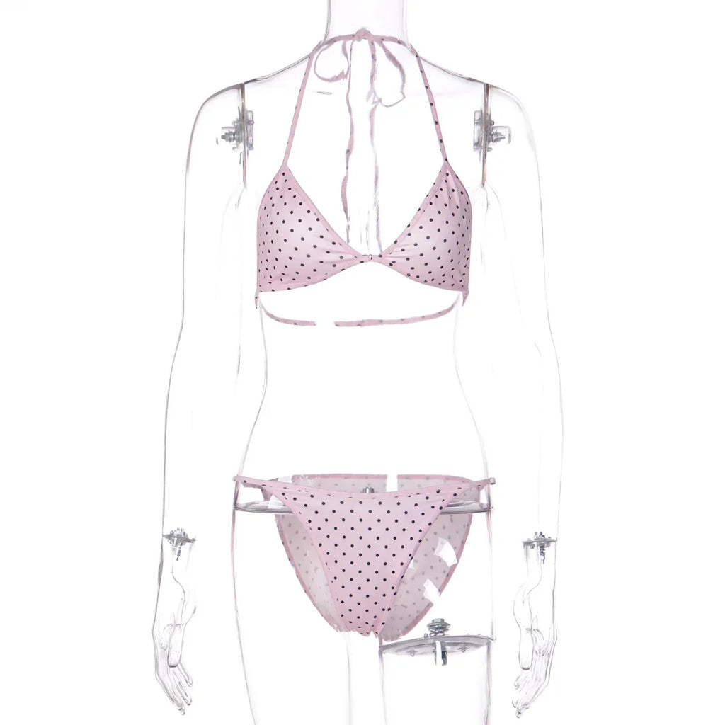 FDYOUI Women's Polka Dot Print Pink Swimsuit Lace-up Bras Panties Split Skirts 3 Pieces Bikinis Sets Bathing Suit Beach Swimwear