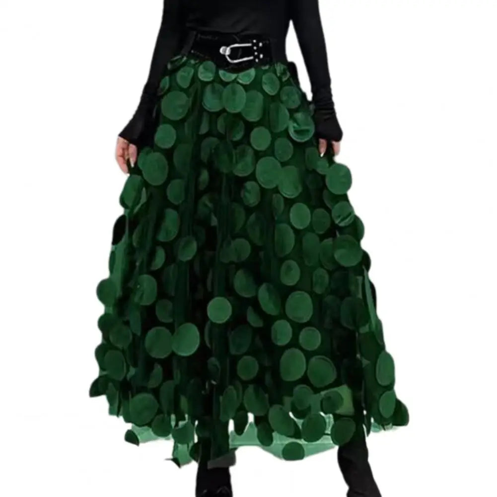 Women Summer Maxi Skirt Retro A-Line Large Hem Skirt Solid Color 3D Dot Decor High Waist Long Skirt