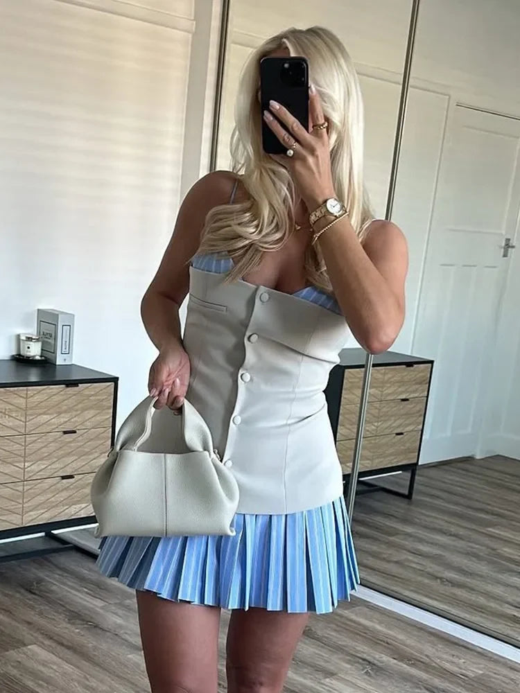 Foridol Striped Pleated Short Summer Dress Women Buttons Decor Spaghetti Strap V Neck Bodycon Mini Spring Beach Vestidos New In