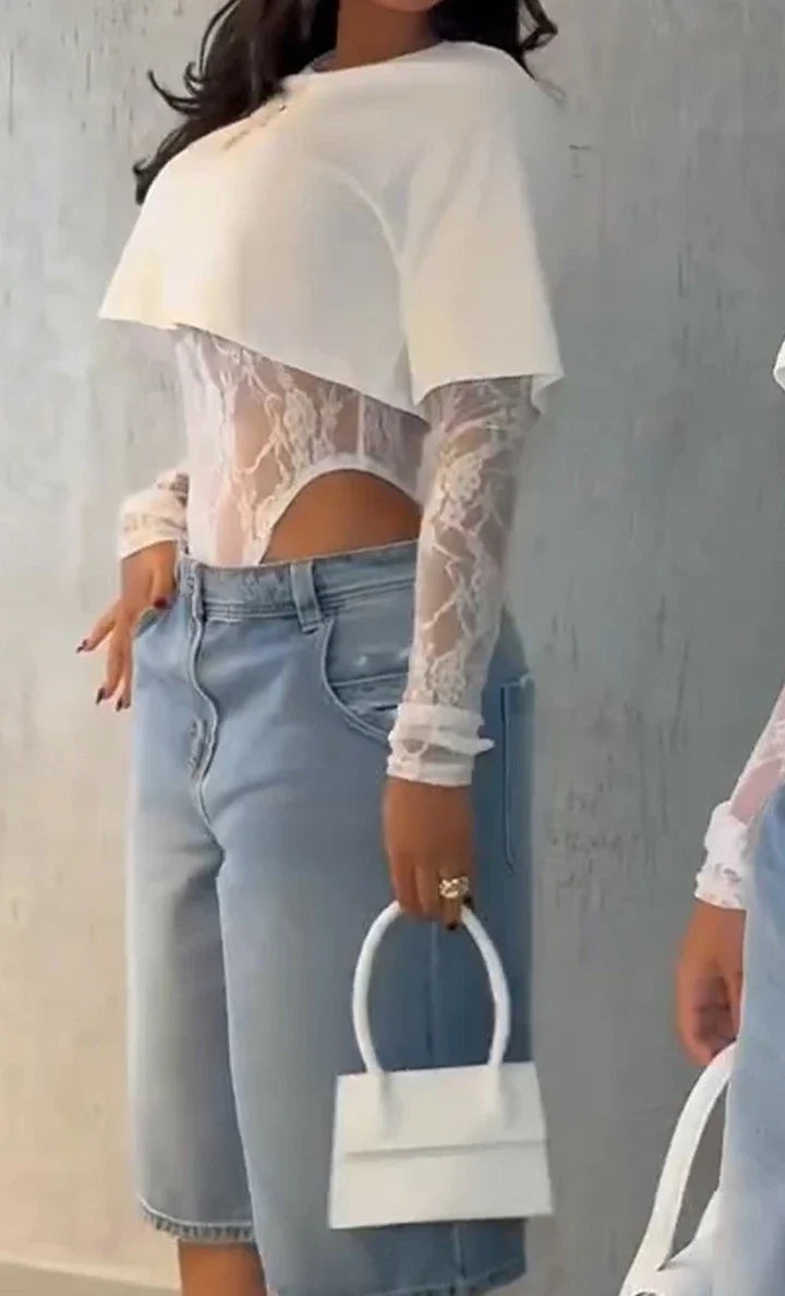 Sexy Women Crop Top+Lace Jacquard Full Sleeve Bodysuit Hottie Street Clubwear Slim Fit Wild Matching Basic Skinny Tees+Jumpsuit