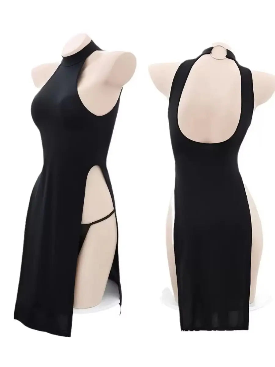 High Slit Cheongsam Uniform Temptation Erotic Nightdress Women Sexy Lingerie Dress+Panties Set Porn Sex Nightie